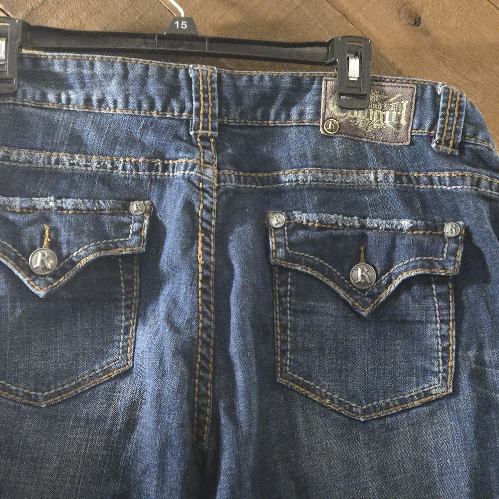 Rock & Roll Cowgirl Distressed Blue Jeans with Studs - Picture 3 of 7